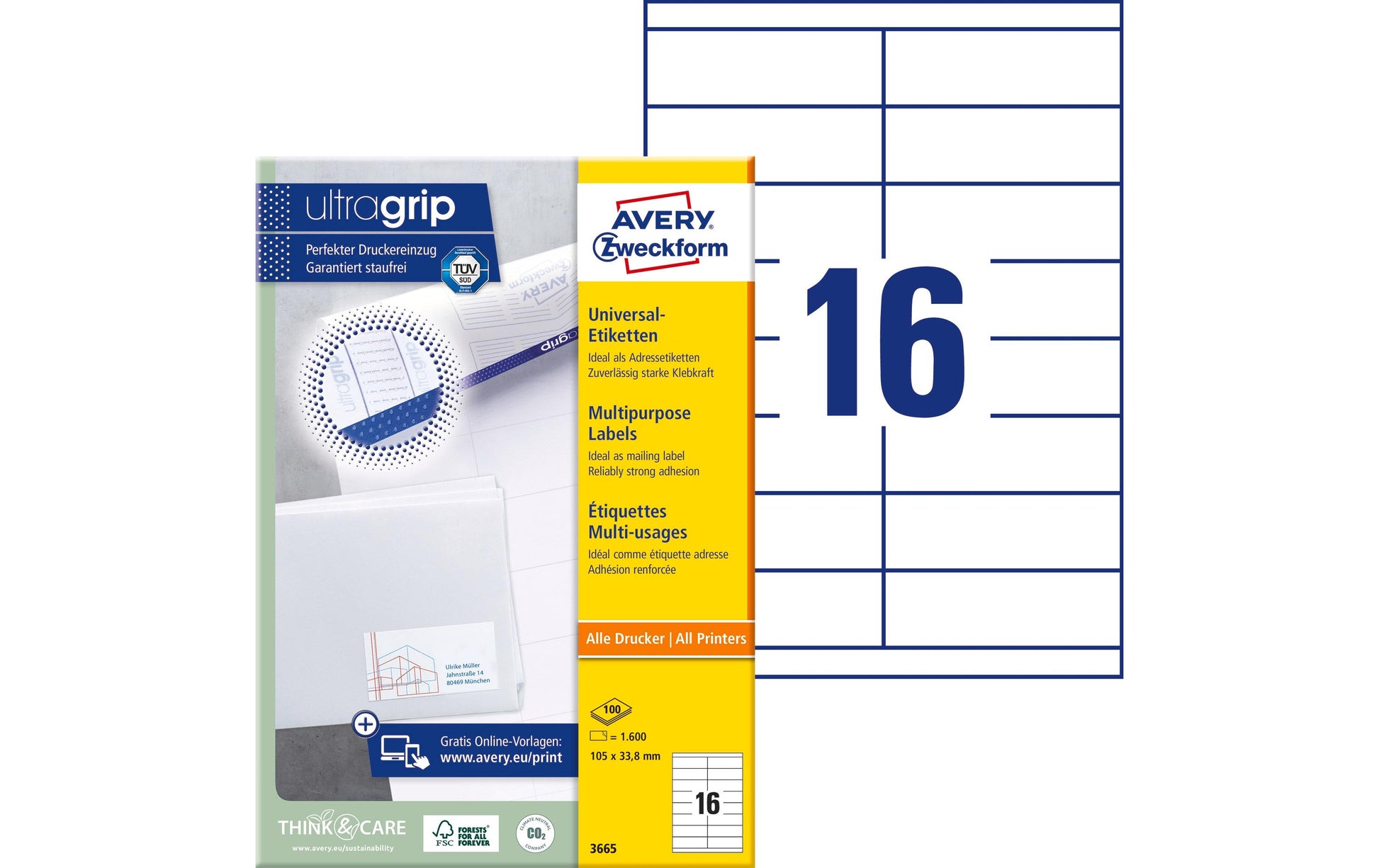 AVERY ZWECKFORM – Druckeretiketten, 105 mm × 34 mm, weiss, Papier, permanent, 1600 Stk. (100 Blatt)