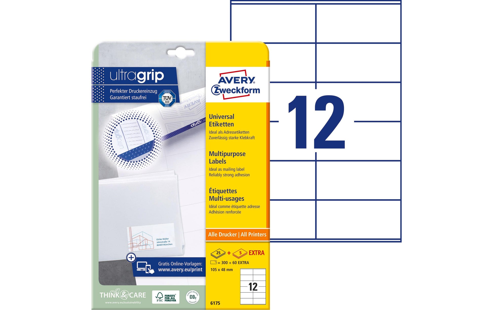 AVERY Zweckform 6175 – Etiketten A4 105 × 48 mm – Papier, weiss – permanent haftend – 12 pro Blatt, 25 Blätter