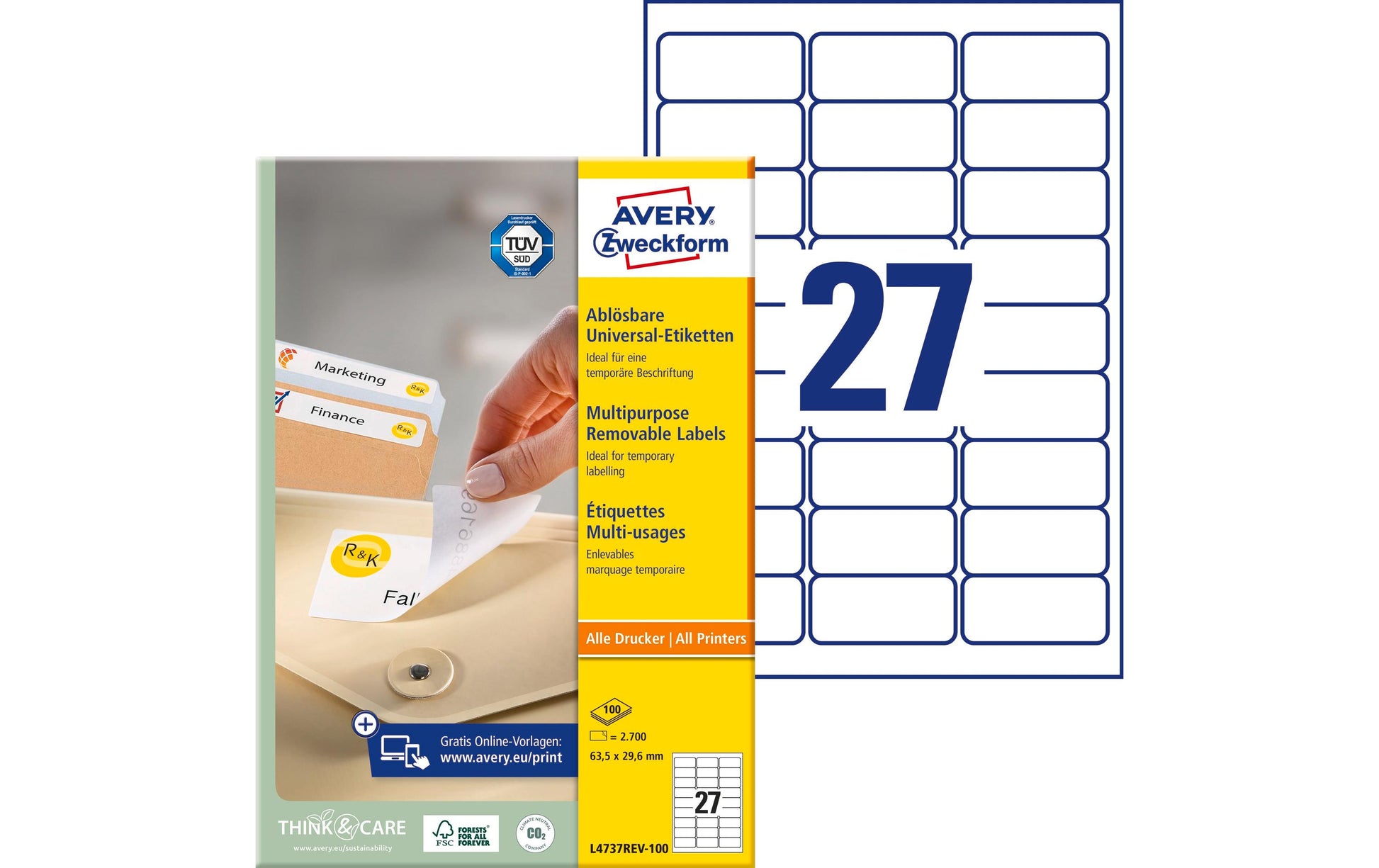 Avery Drucketiketten, 64 mm × 30 mm, weiss, Papier, wiederablösbar, 100 Blätter (2700 Etiketten)