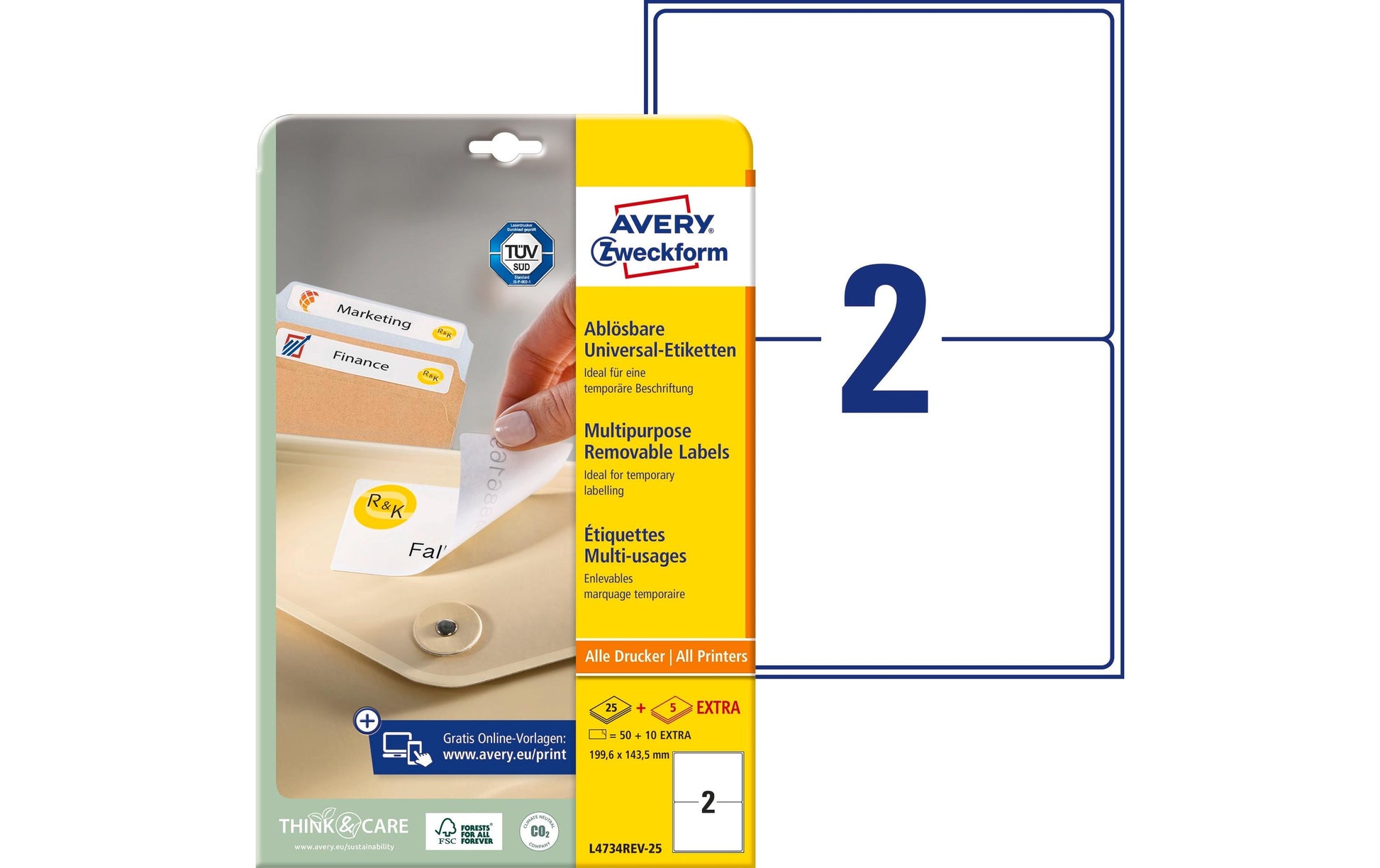 AVERY Zweckform – Etiketten A4 200 × 143 mm – weiss – wiederablösbar – Laser/Inkjet – 50 pro Blatt, 25 Blätter