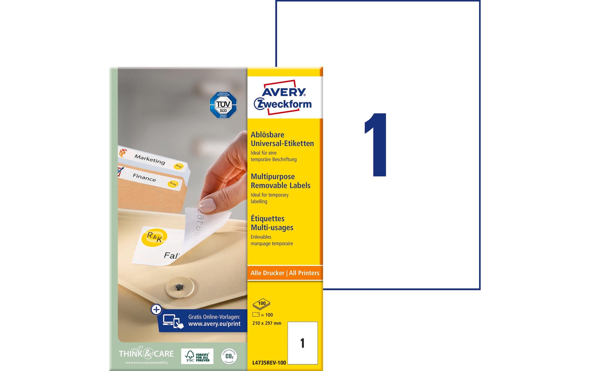 Avery Druckeretiketten, 210 mm × 297 mm, weiss, Papier, wiederablösbar, 100 Blatt
