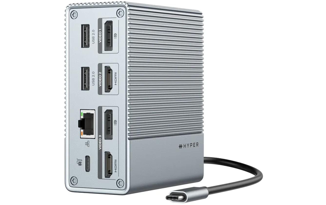 HYPER HDG212B Dockingstation – USB-C, 2× DP, 2× HDMI, 3× USB-A, 2× USB-C, 100 W PD, für Windows/Mac/ChromeOS