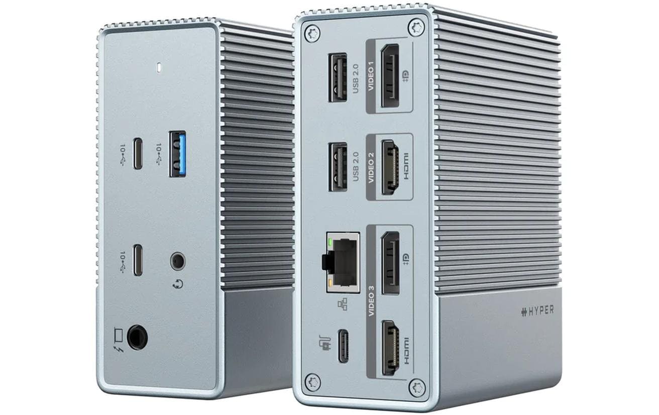 HYPER HDG212B Dockingstation – USB-C, 2× DP, 2× HDMI, 3× USB-A, 2× USB-C, 100 W PD, für Windows/Mac/ChromeOS