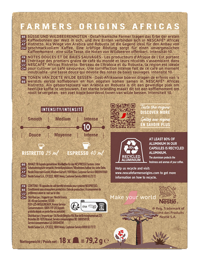 Nescafé Farmers Origins Africas – Kapseln für Nespresso – Ristretto, Intensität 10, 18 Kapseln