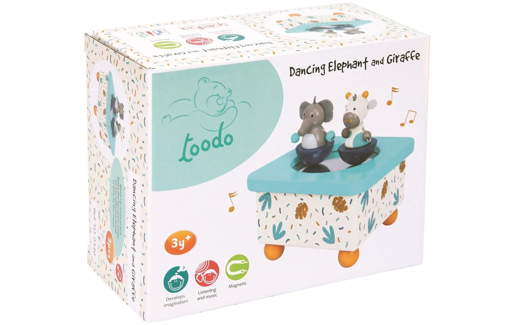 Spielba Holzspielwaren Spielba Musikdose Elefant & Giraffe – 8,0 cm – Holz, FSC, mehrfarbig – ab 3 J.