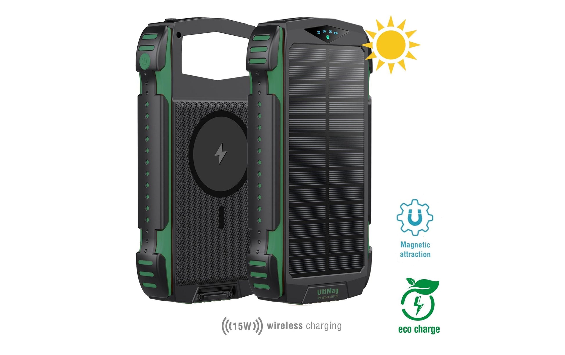 4smarts Powerbank 20000 mAh, PD 20 W, 1× USB-C, Kabelloses Laden, Solarpanel, Grün
