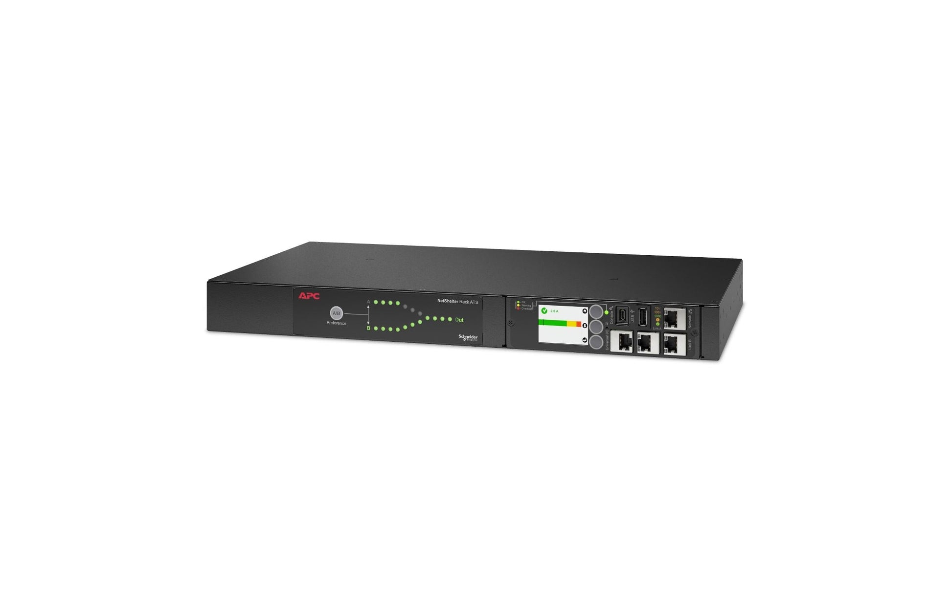 APC Rack-ATS – 207–253 V, 16 A, 8× C13 + 1× C19 OUT, 1U – Schwarz – AP4423A