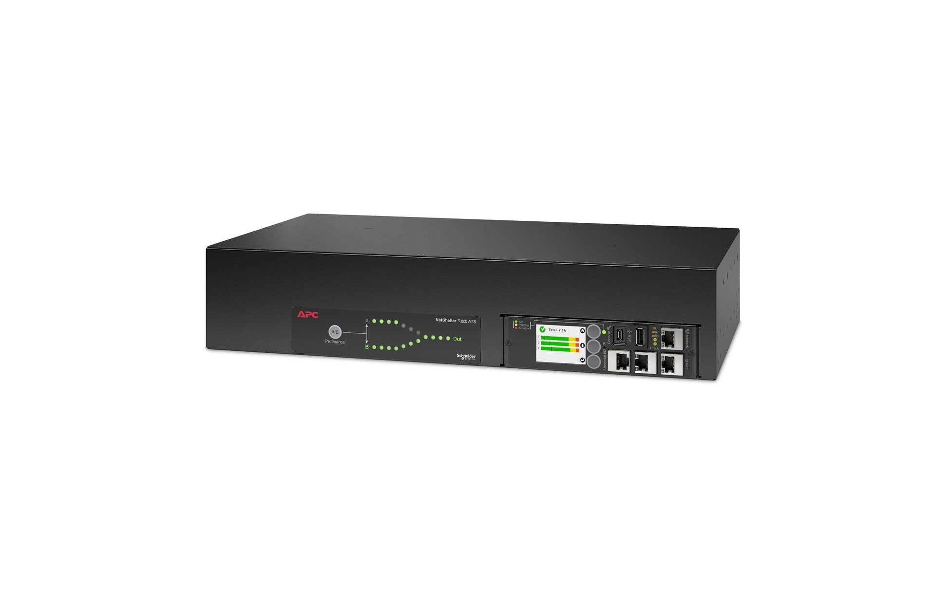 APC Rack-ATS – 207–253 V, 32 A, 2× IEC 309 IN, 16× C13 + 2× C19 OUT, 2U – Schwarz