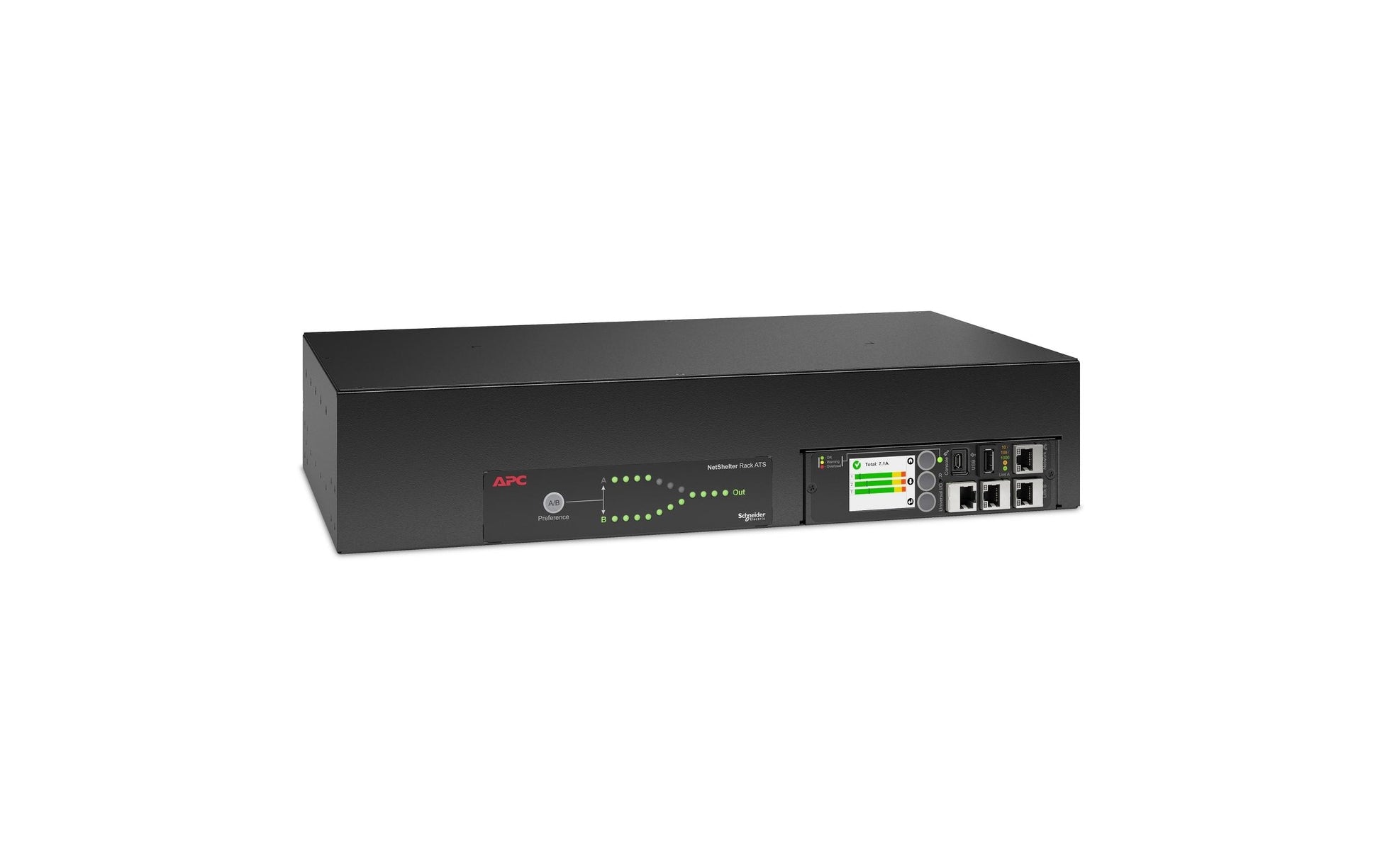 APC Rack-ATS – 207–253 V, 32 A, 2× IEC 309 IN, 16× C13 + 2× C19 OUT, 2U – Schwarz