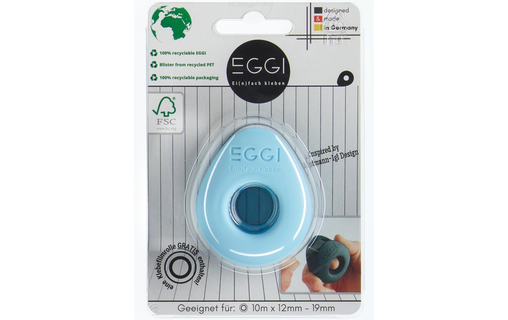 EGGI Handabroller – für Klebeband bis 19 mm × 10 m, Recycling-Kunststoff, Blau