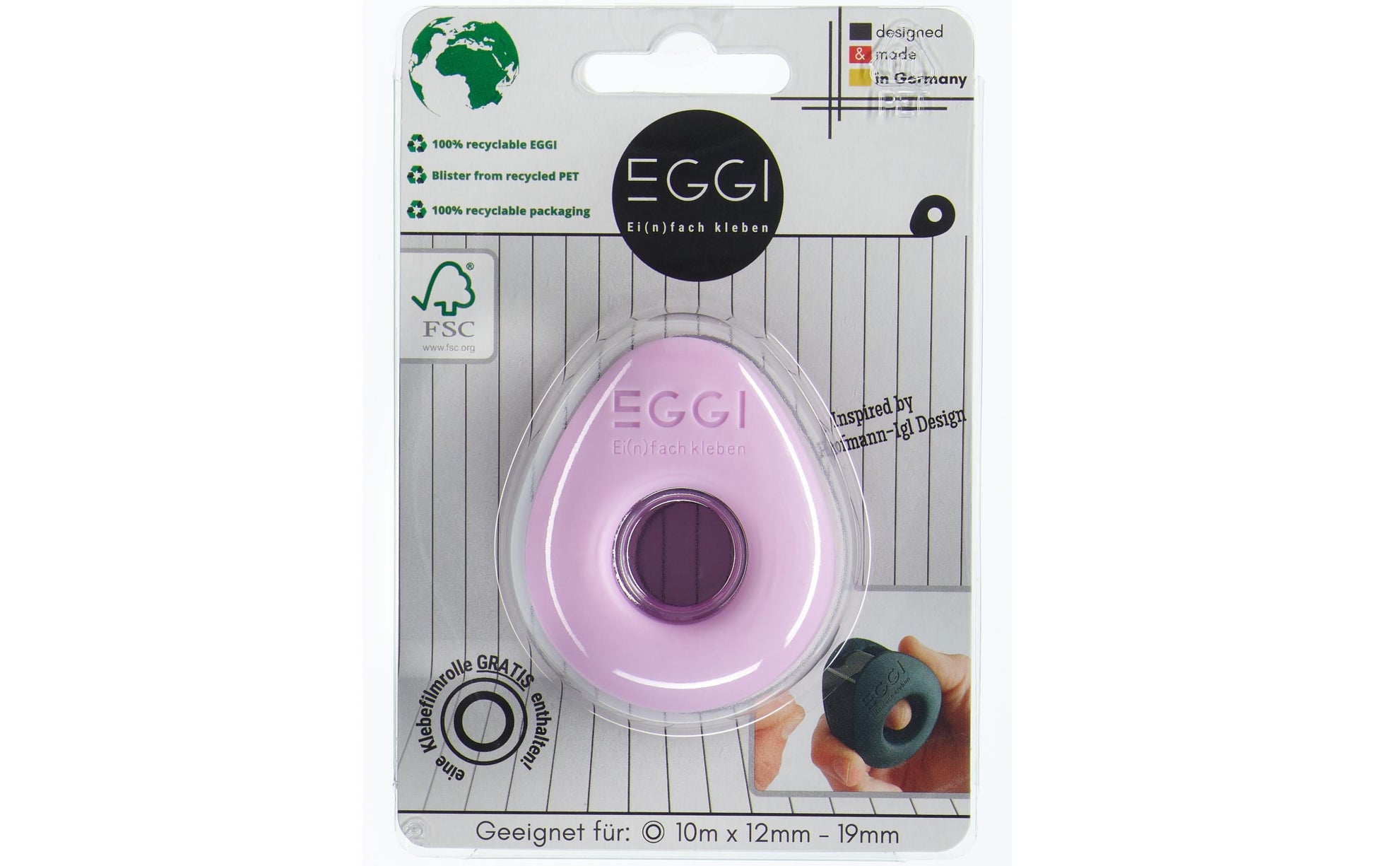 EGGI Handabroller – für Klebeband bis 19 mm × 10 m, inkl. 1 Rolle 19 mm × 10 m, Kunststoff (Recycling), rosa