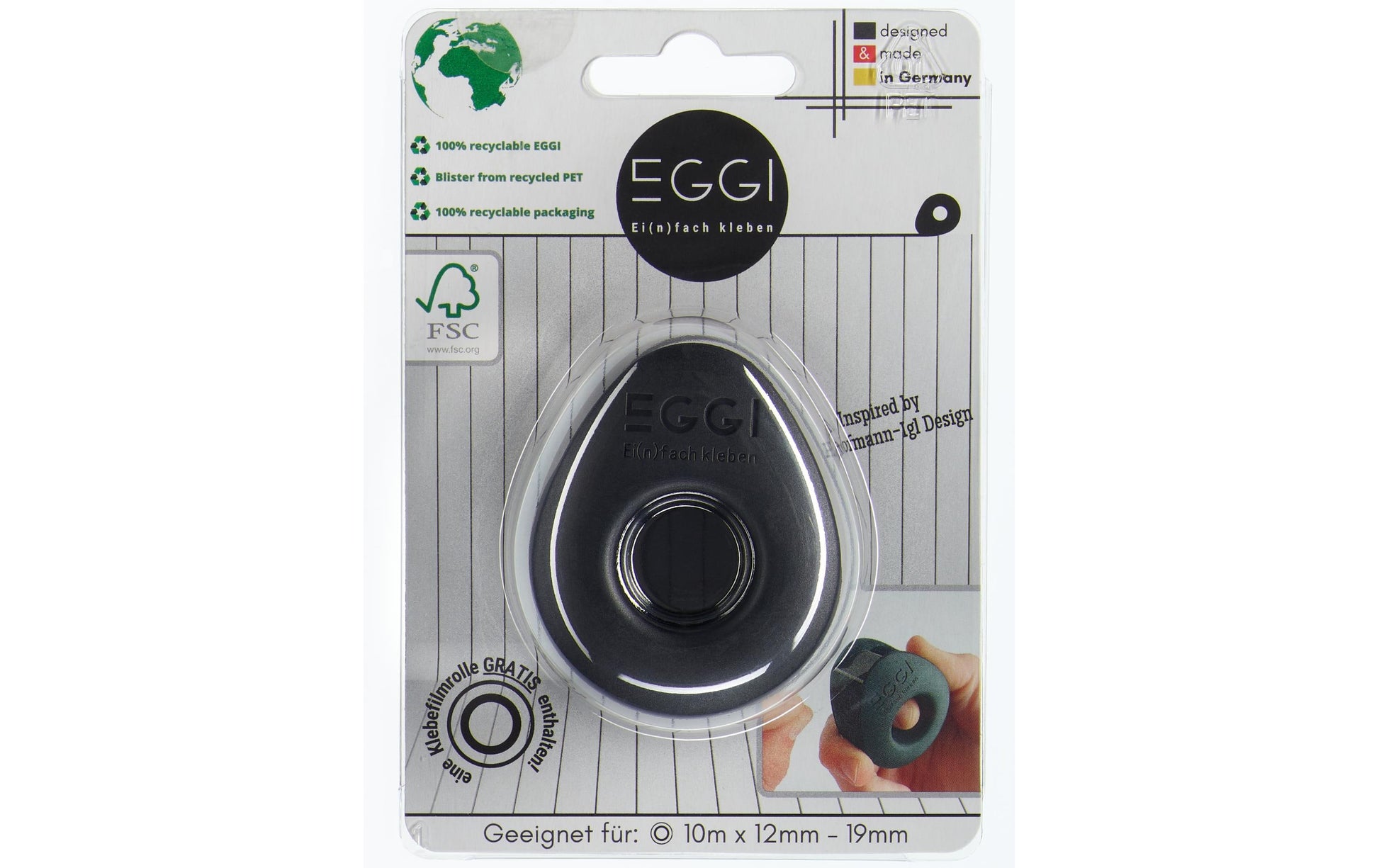Eggi Tischabroller – für Klebeband bis 19 mm × 10 m, Kunststoff (Recycling), schwarz