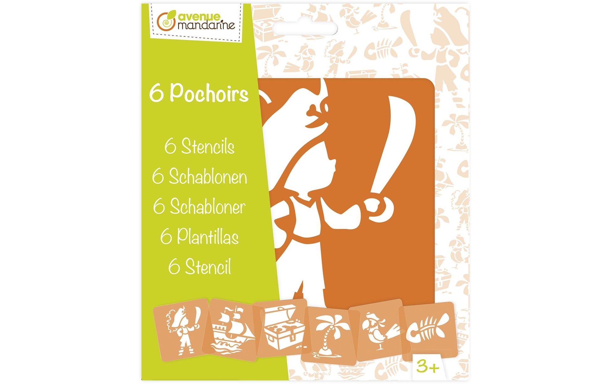 Avenue Mandarine Malschablonen-Set, Piraten, 15 × 15 cm, 6er-Set, Kunststoff, Orange/Transparent