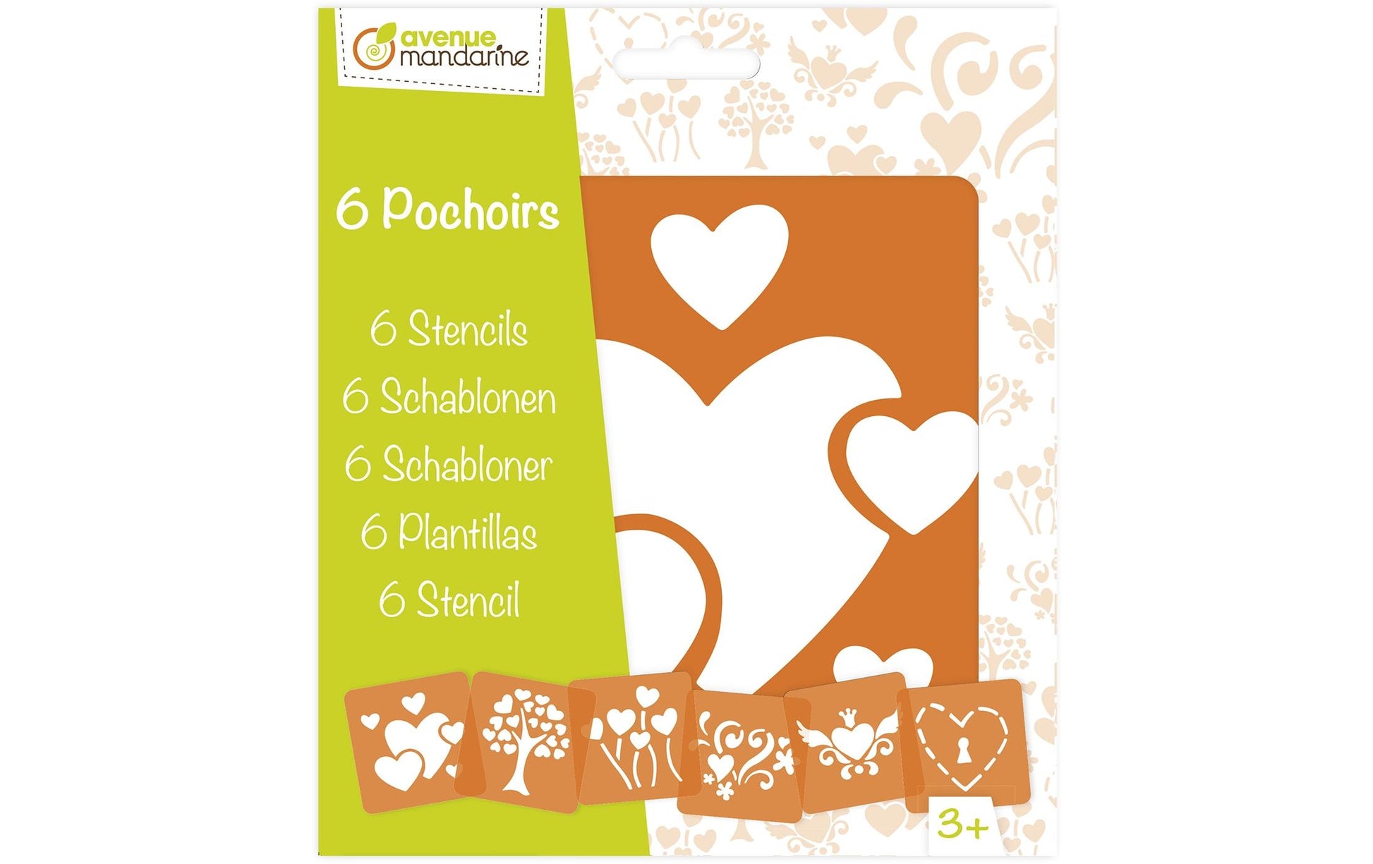 Avenue Mandarine Malschablonen-Set, Herzen, 15 × 15 cm, 6er-Set, Kunststoff, Orange