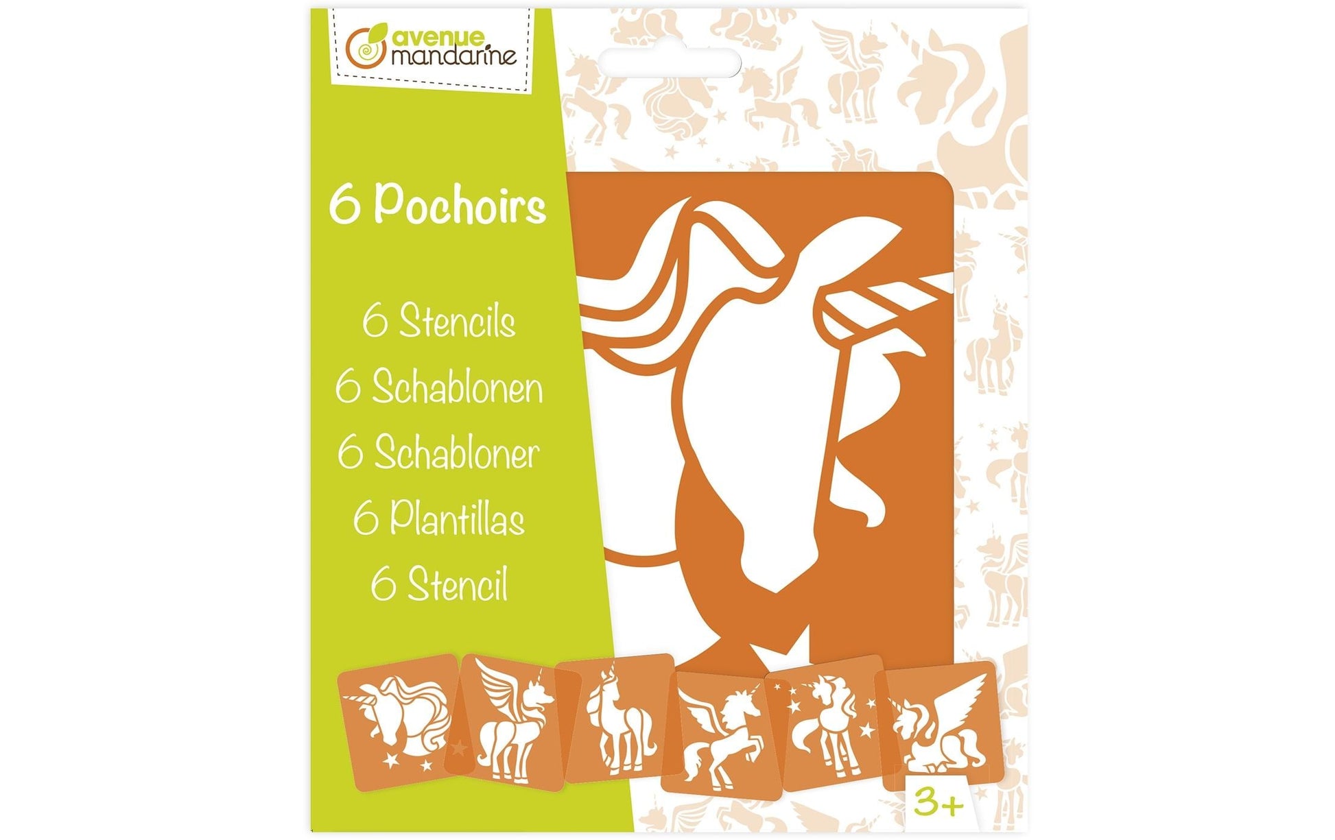 Avenue Mandarine Schablonen-Set – Einhörner, 145 × 145 mm, Kunststoff, grün transparent, Set, 6-teilig