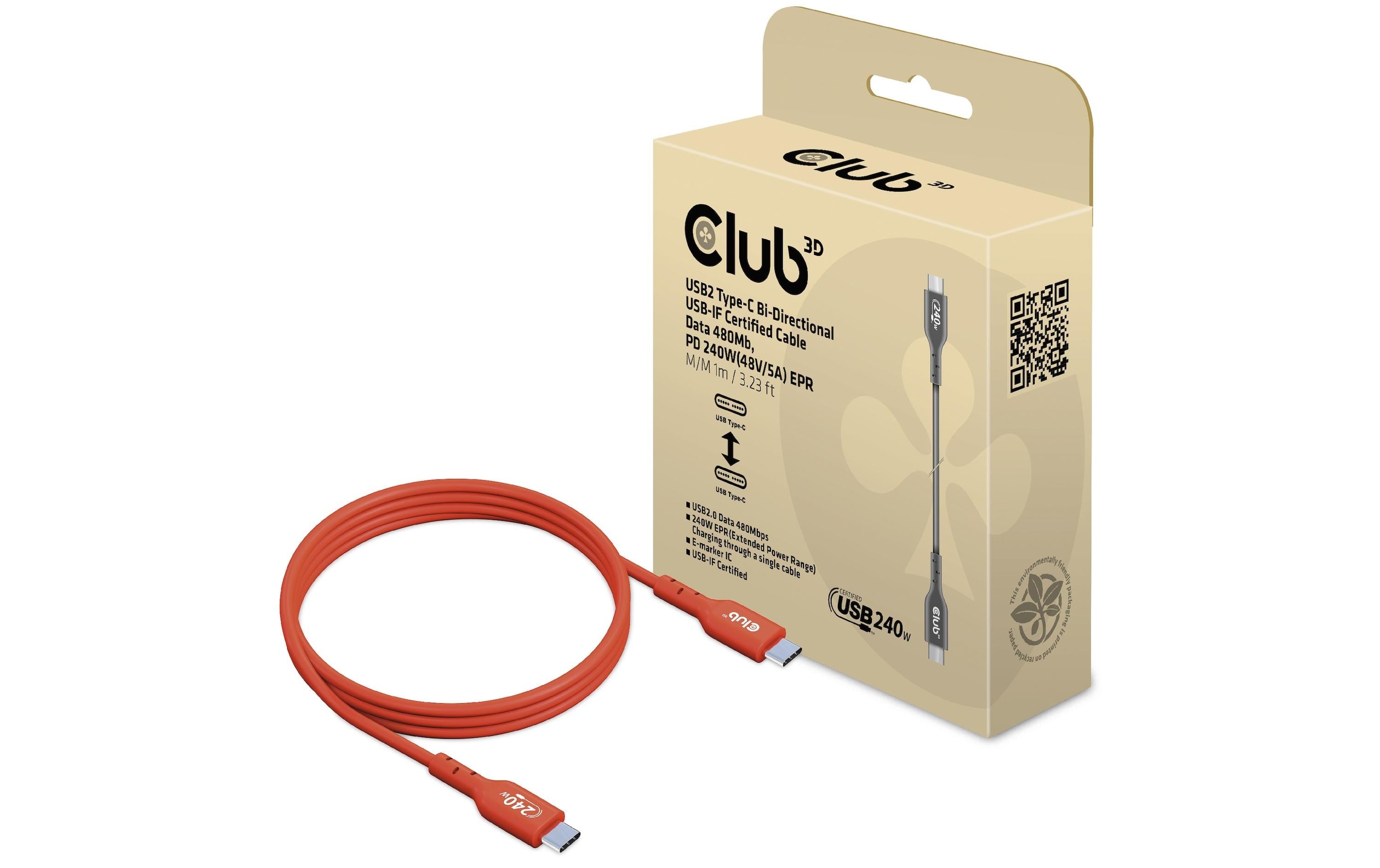 CLUB3D Club 3D – USB-C auf USB-C Kabel – USB 2.0 (480 Mbit/s) – 1 m – PD 240 W – USB-IF zertifiziert – Rot