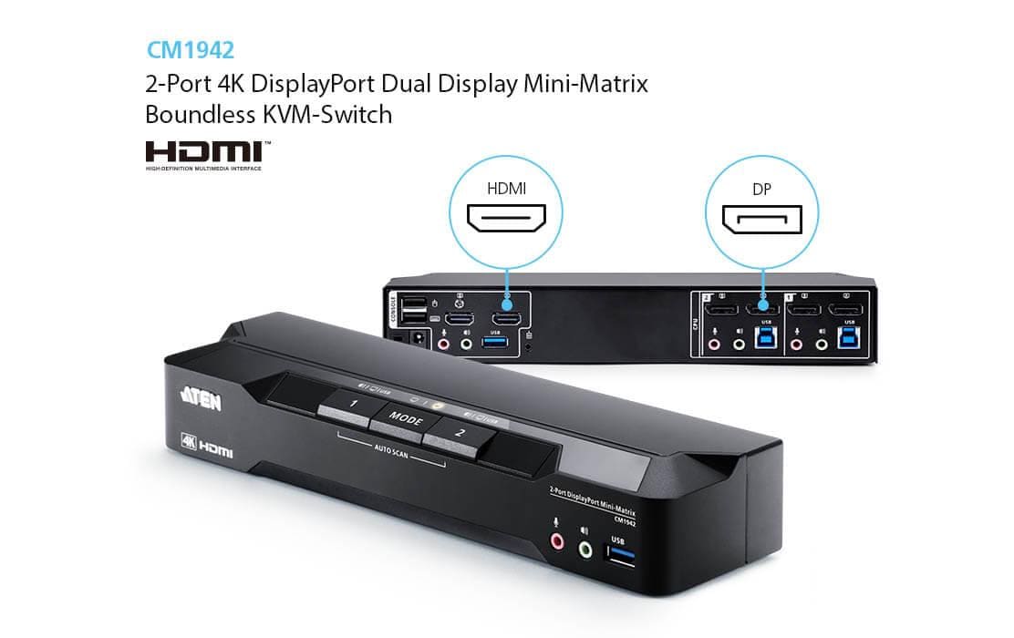 ATEN CM1942 – KVM-Switch 2×1, DisplayPort/HDMI/USB 3.2 Gen 1, 4K (4096 × 2160), 5 Gbit/s, HDCP