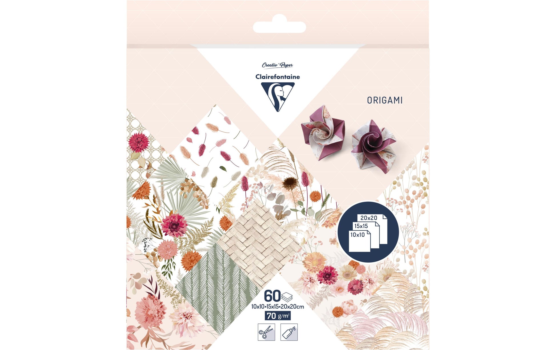 Clairefontaine Origamipapier – 15 × 15 cm, sortiert, 70 g/m² – 60 Blatt