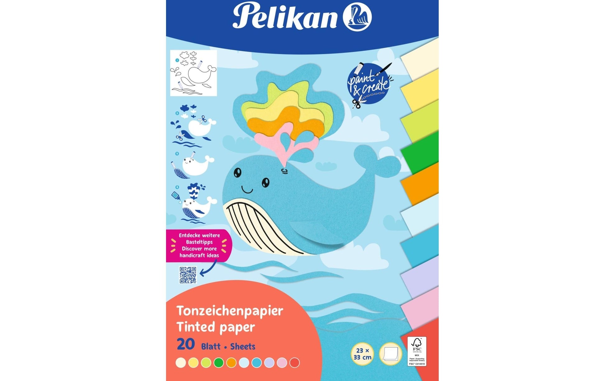 Pelikan Tonzeichenpapier – 23 × 33 cm, 120 g/m², farbig sortiert, geleimt, 20 Blatt