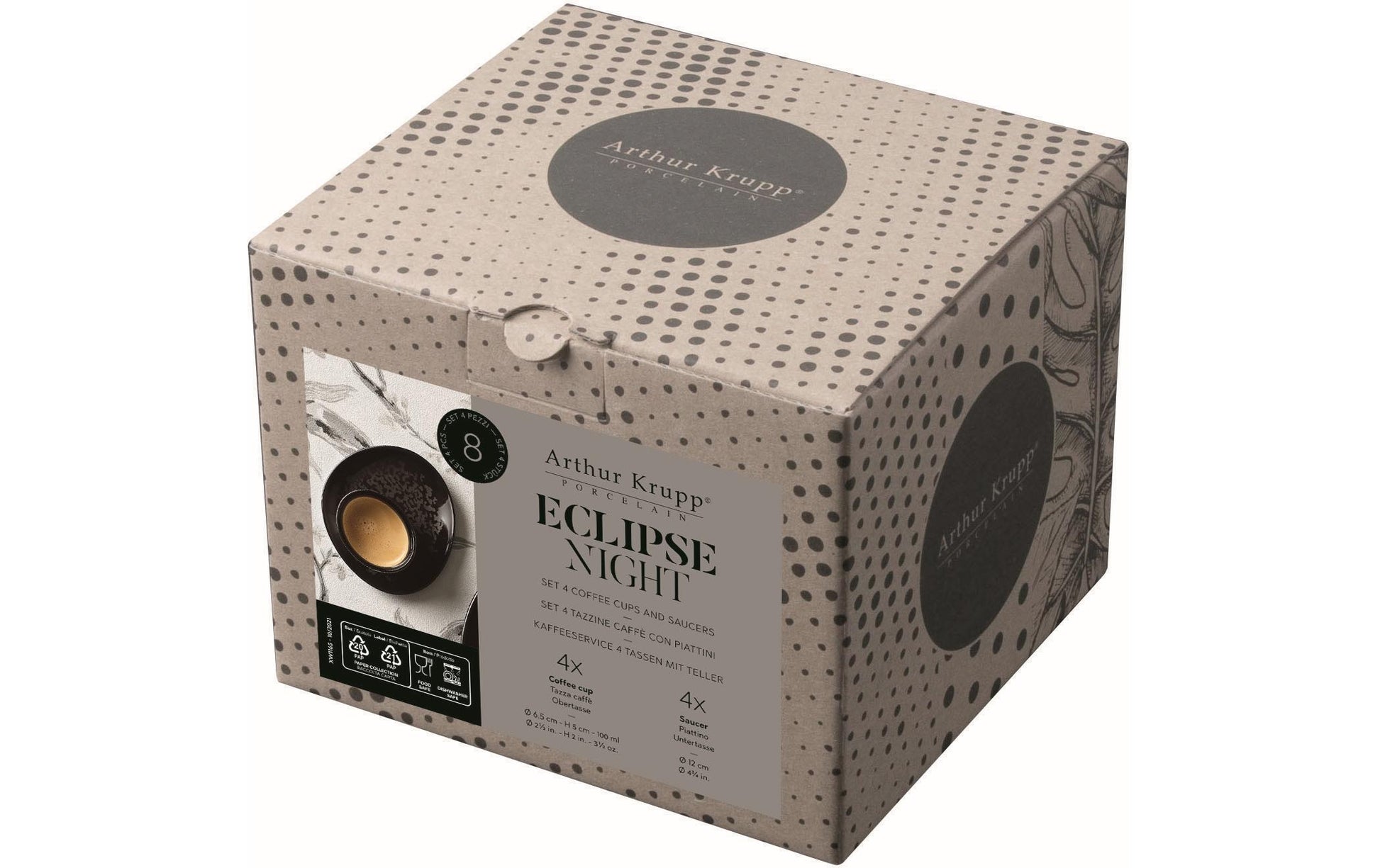 Arthur Krupp Espressotasse Eclipse – 8-teiliges Set, 100 ml, Porzellan, spülmaschinenfest, mikrowellengeeignet