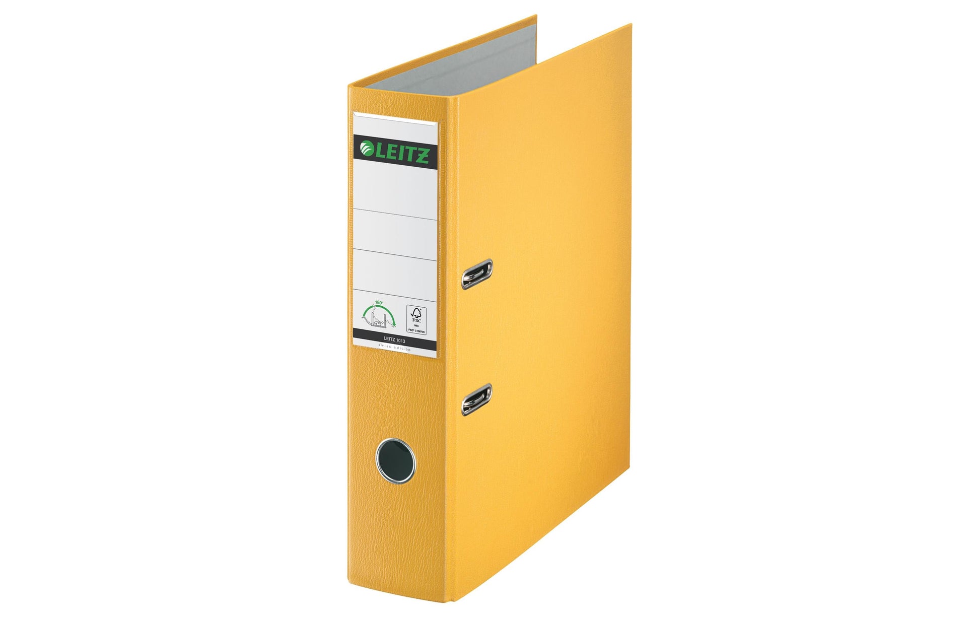 Leitz Ordner Swiss Edition – A4 hoch – 2-Ring Hebelmechanik, Rücken 80 mm – gelb, mit Niederhalter, FSC