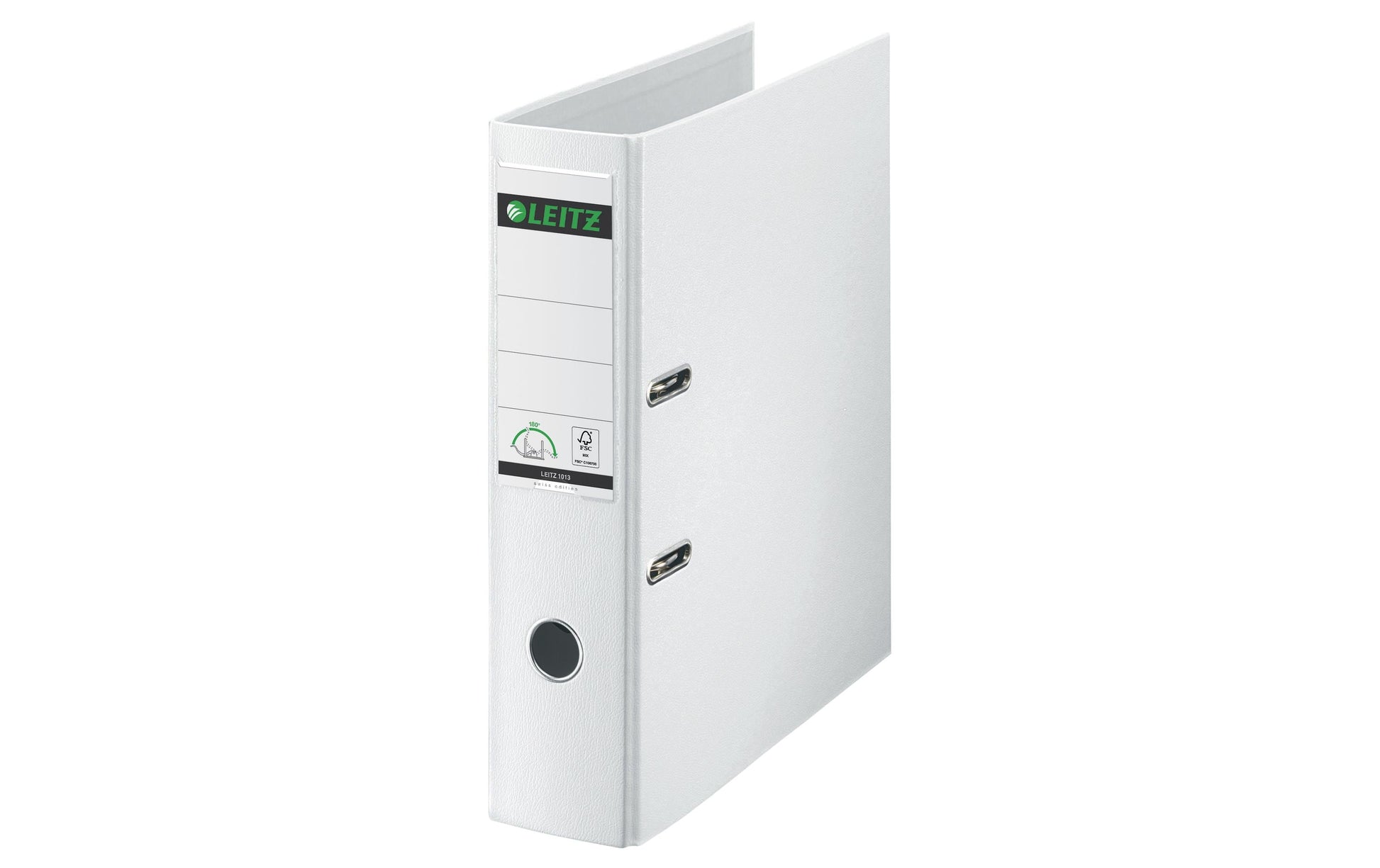 Leitz Ordner 180° Swiss Edition – A4 hoch – 2-Ring Hebelmechanik, Rücken 80 mm – weiss, mit Griffloch, FSC