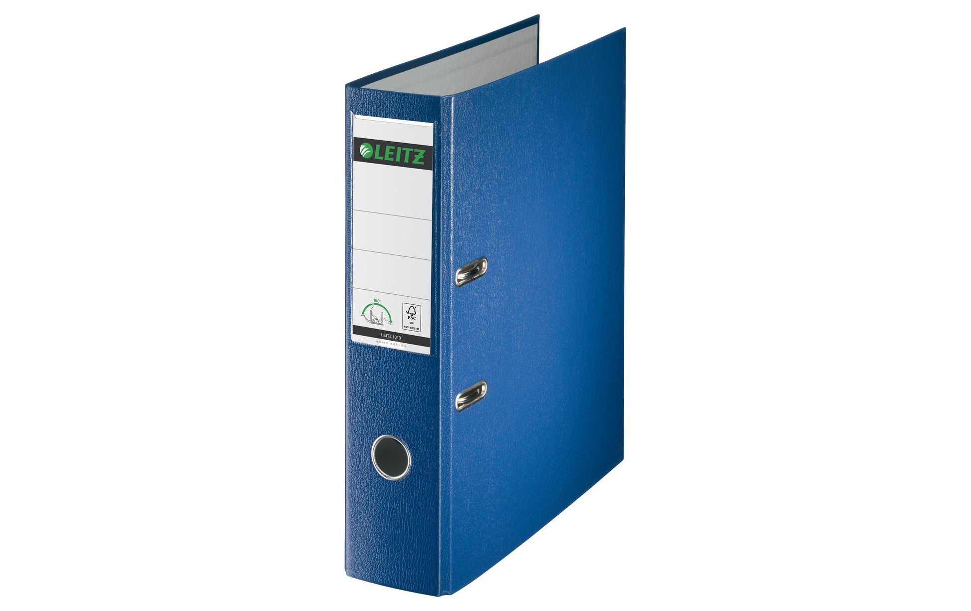 Leitz Ordner 180° Swiss Edition – A4 hoch – 2-Ring Hebelmechanik, Rücken 80 mm – blau, mit Raumsparösen, FSC