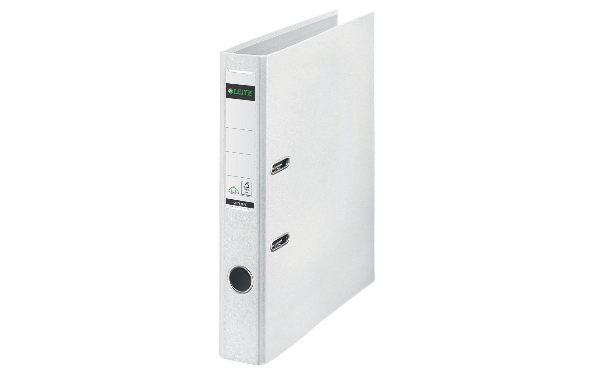 Leitz Ordner Swiss Edition – A4 hoch – 2-Ring Hebelmechanik – weiss, mit Niederhalter und Griffloch, FSC