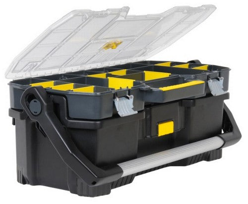 Stanley Werkzeugbox – mit Organizeraufsatz, abschliessbar, schwarz/transparent, B 670 × H 323 × T 251 mm
