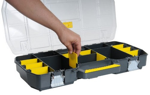 Stanley Werkzeugbox – mit Organizeraufsatz, abschliessbar, schwarz/transparent, B 670 × H 323 × T 251 mm