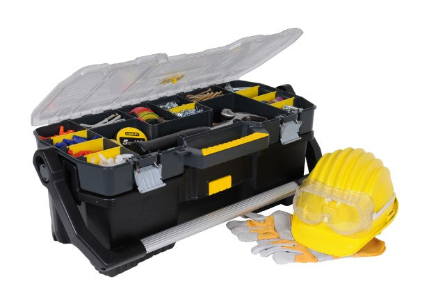 Stanley STST1-70317 Werkzeugbox – mit Metallgriff, 2 Behälter, schwarz, Kunststoff, B 560 × H 320 × T 250 mm