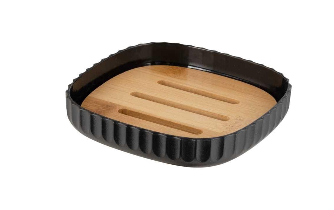 WENKO Seifenschale Rotello – Bambus/Kunststoff, 10,6×10,6×2,1 cm, Schwarz