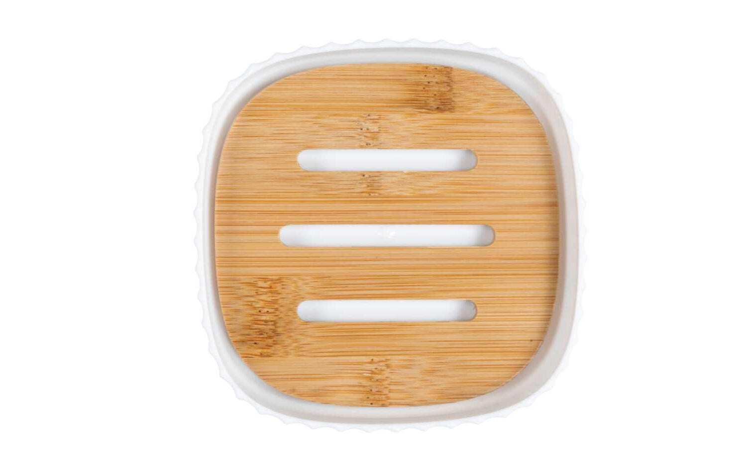 WENKO Seifenschale – Bambus/Kunststoff, 10,6×10,6×2,1 cm, Weiss/Holz