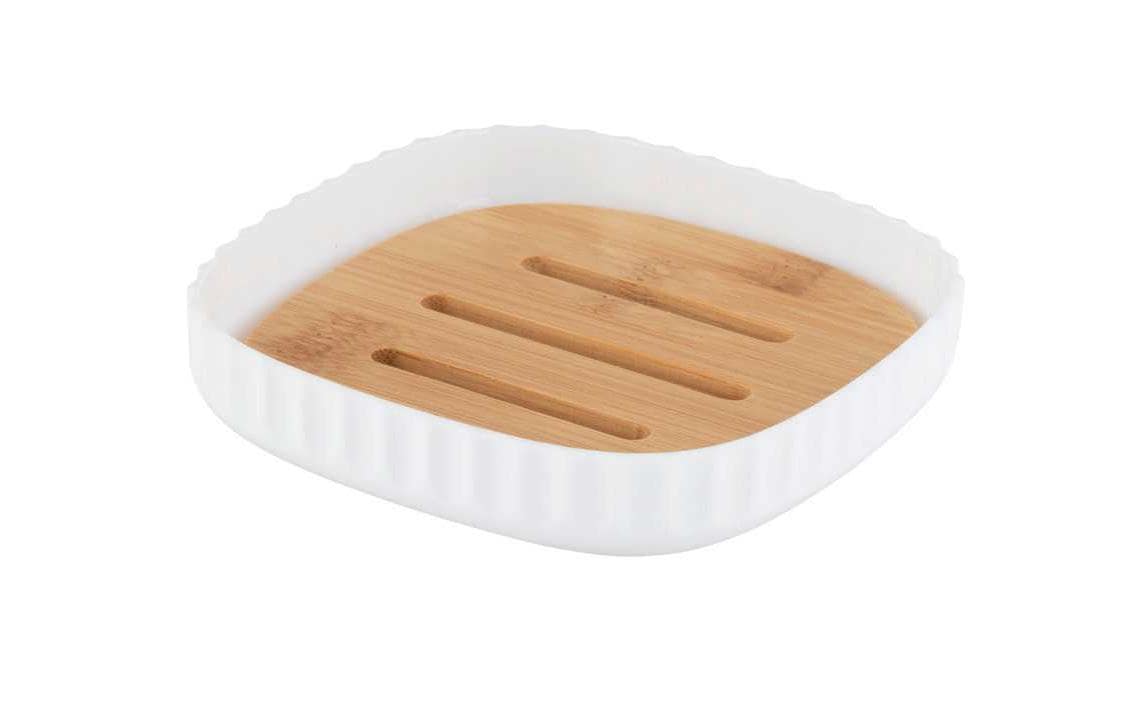 WENKO Seifenschale – Bambus/Kunststoff, 10,6×10,6×2,1 cm, Weiss/Holz