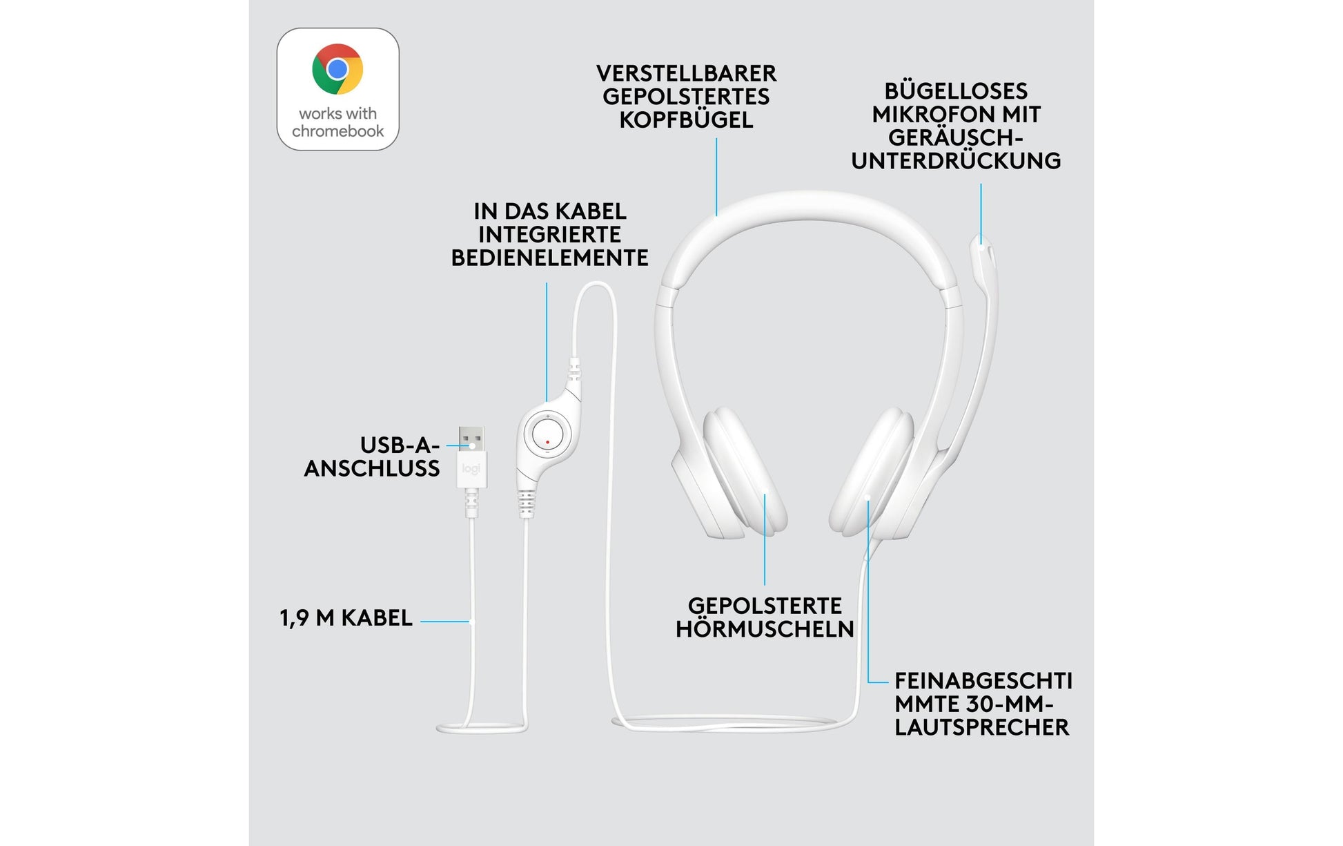 Logitech H390 – Headset – USB‑A, mit Mikrofon – Offwhite