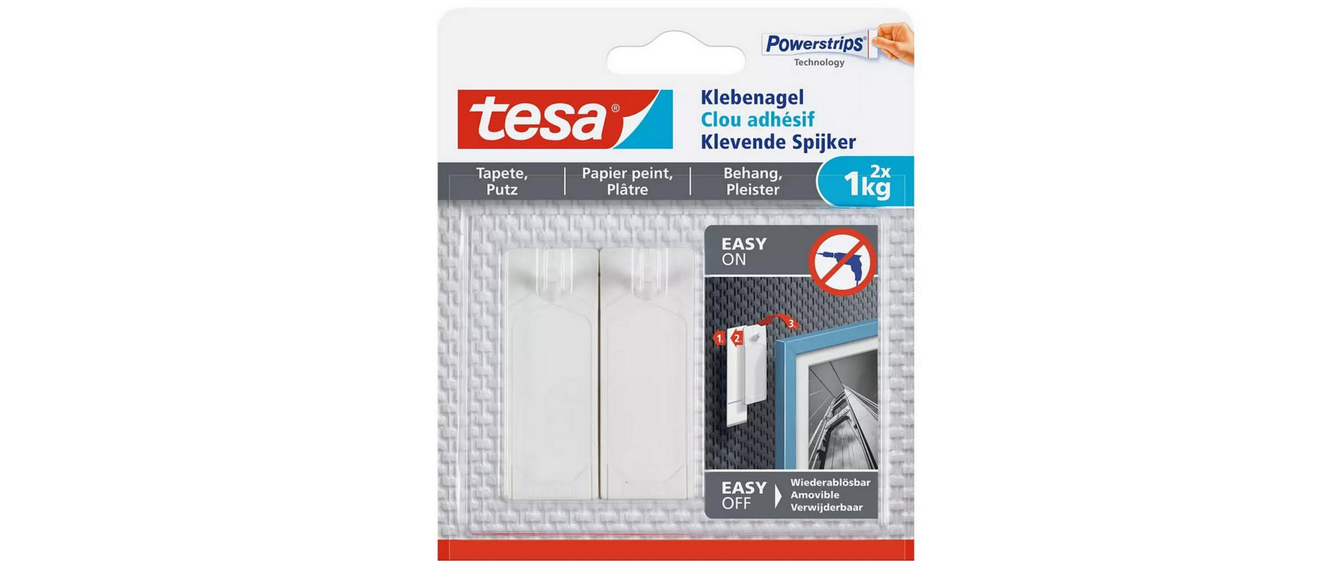 TESA Klebenagel für Tapeten und Putz – Weiss, bis 1 kg, 6 Stk.
