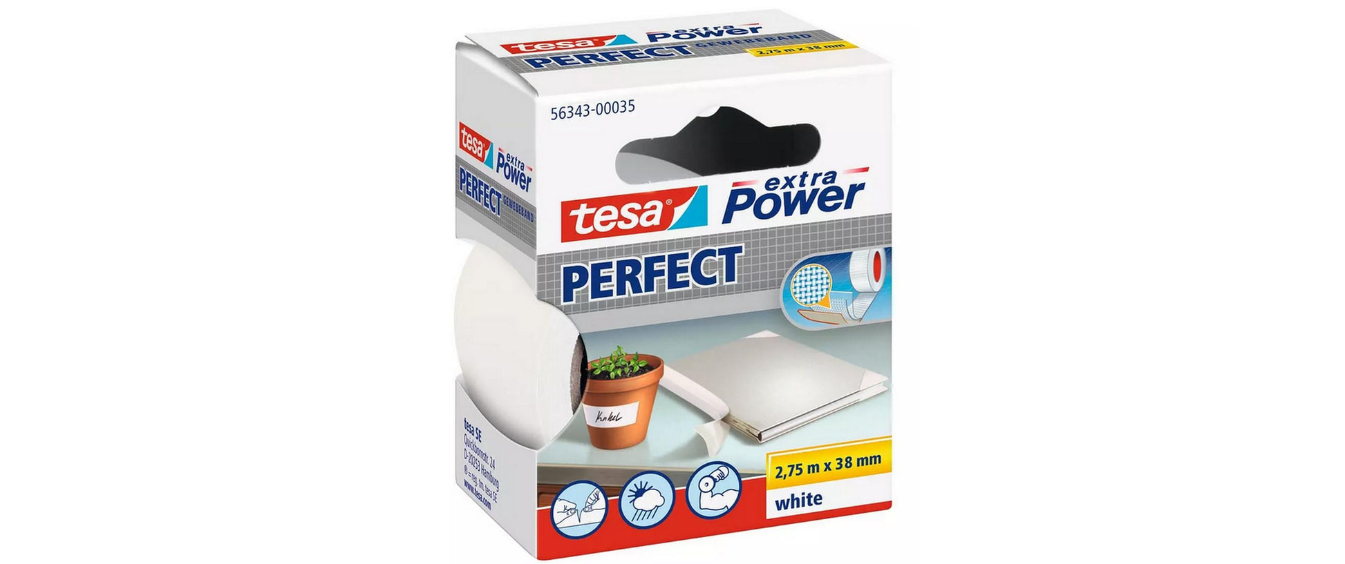 TESA Gewebeband/Gaffa – 38 mm × 2,75 m, weiss, extra stark, 3 Rollen