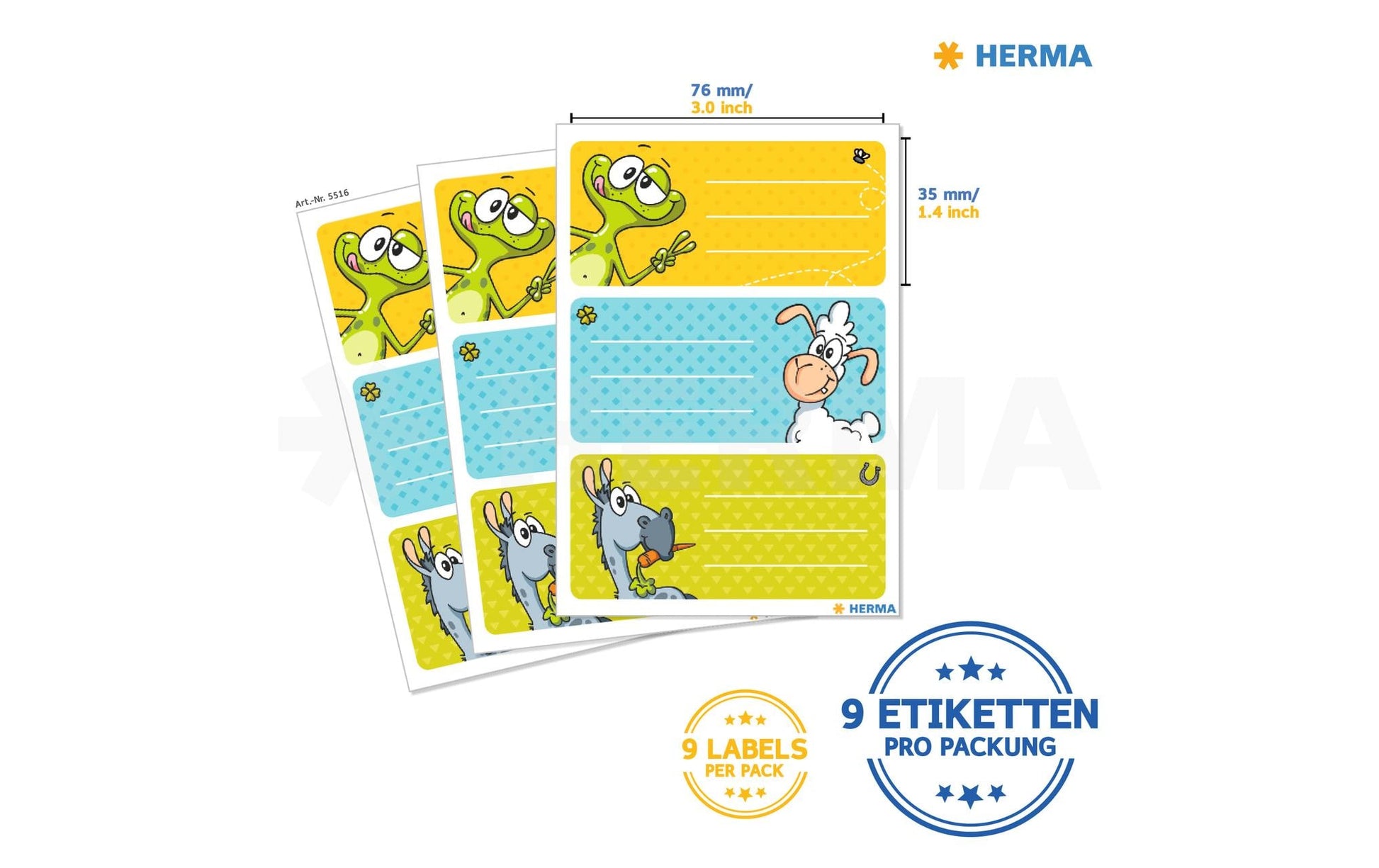 HERMA Vario Schuletiketten – Motiv Witzfiguren – 35 × 76 mm, Abgerundete Ecken, 9 Stk, 3 Bogen