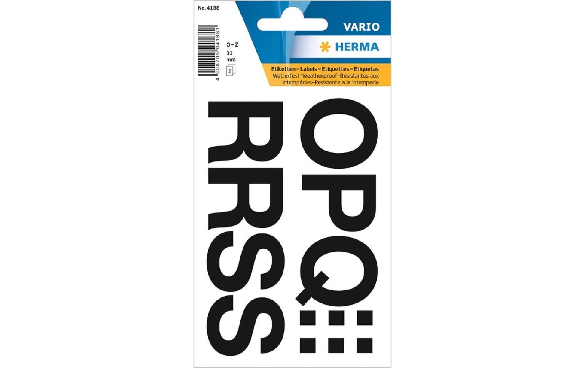 HERMA Vario Schuletiketten – Motiv Buchstaben O–Z – 33 × 33 mm, 2 Bogen, Folie, permanent haftend