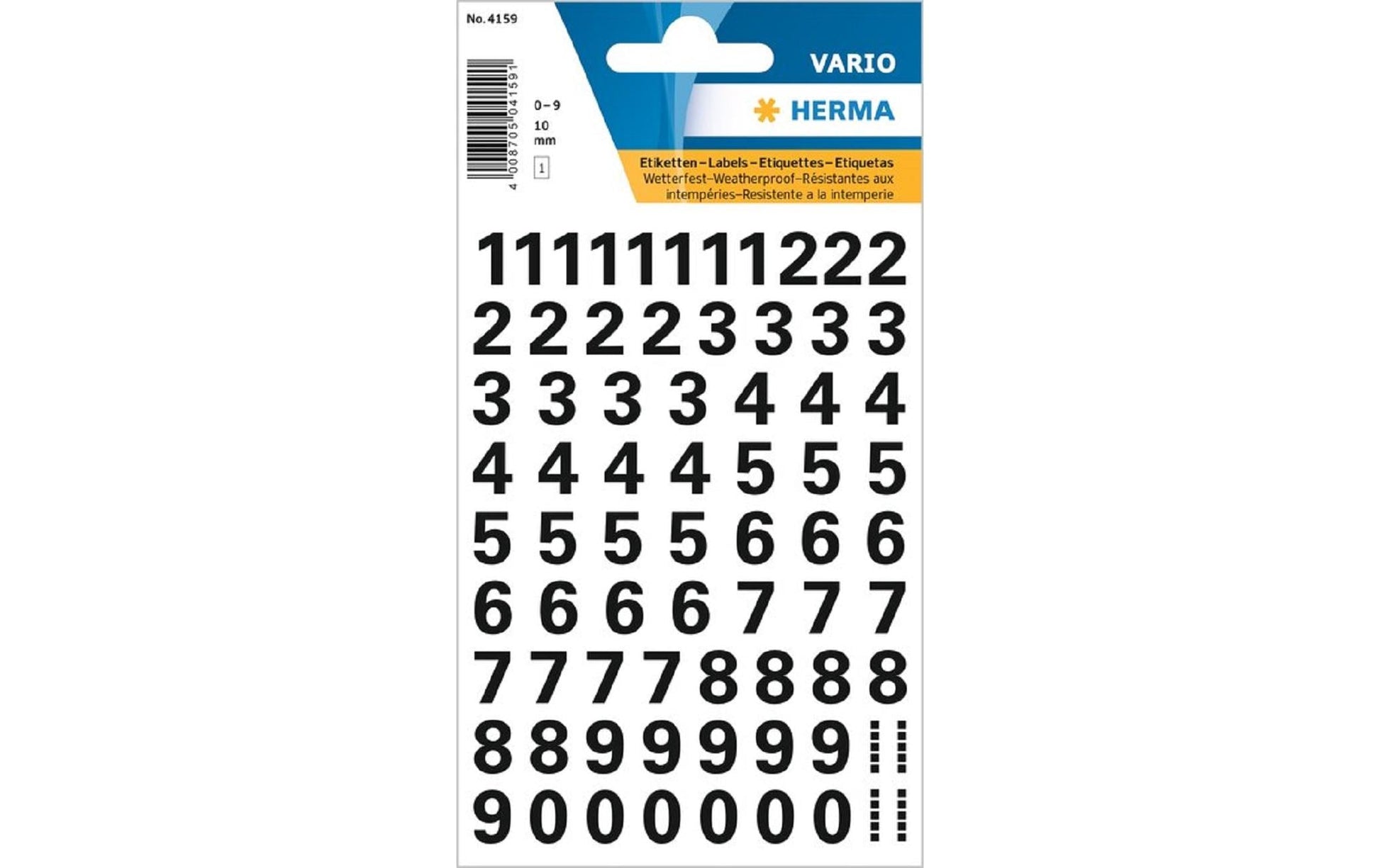 HERMA Vario Buchstaben- und Zahlen-Etikettenbogen – 84 × 120 mm, 10 mm, Schwarz, Zahlen 0–9 – 71 Stk