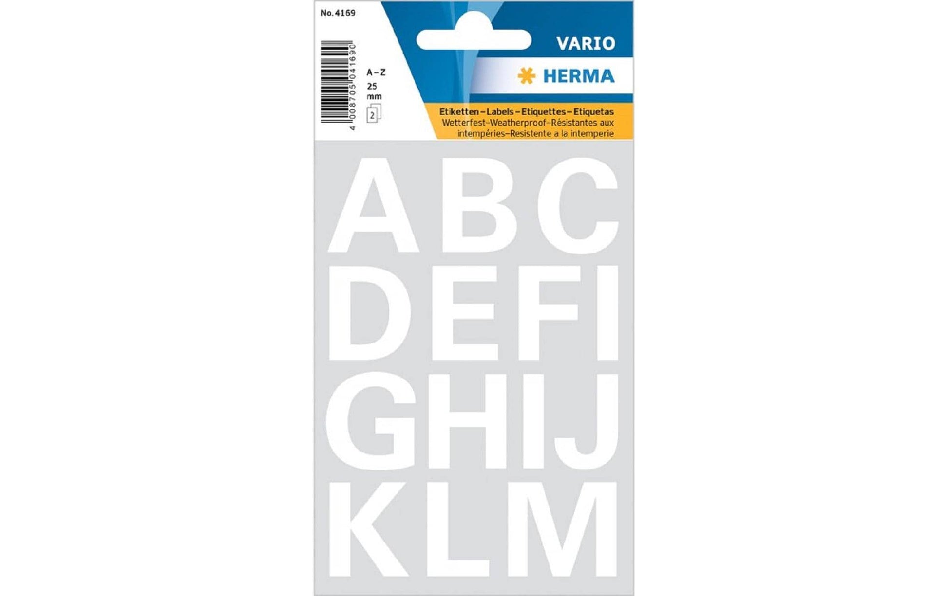 HERMA Selbstklebende Buchstaben A–Z – Bogenformat 84 × 120 mm, Höhe 25 mm, Weiss, Folie – 2 Stk