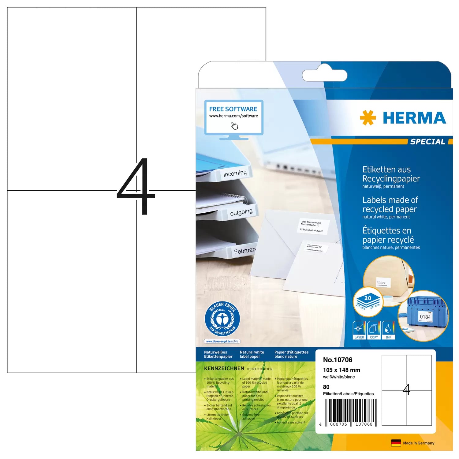 HERMA Etiketten auf Bögen, 105 mm × 148 mm, naturweiss, Altpapier, permanent, 20 Blatt (80 Etiketten)