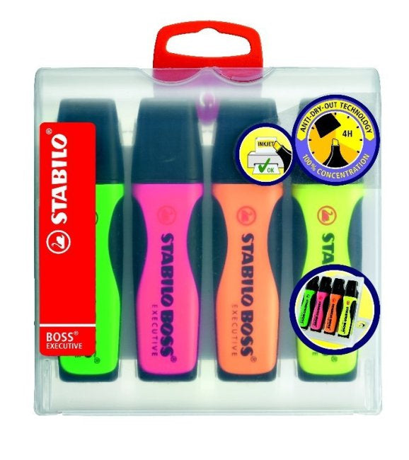 STABILO BOSS Textmarker Set 4 Farben – Keilspitze, 2–5 mm