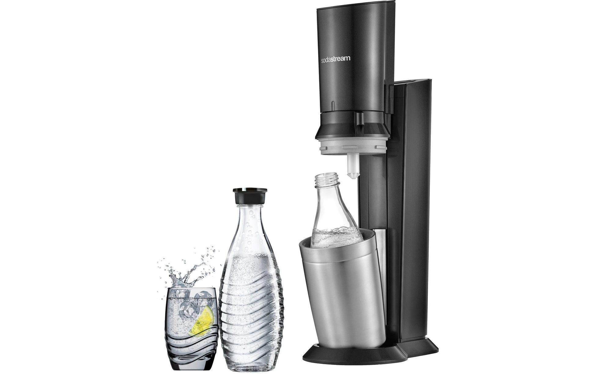 SodaStream Wassersprudler Crystal 3.0 – 0,615 l Glasflasche, 60 l Zylinder – schwarz/Edelstahl