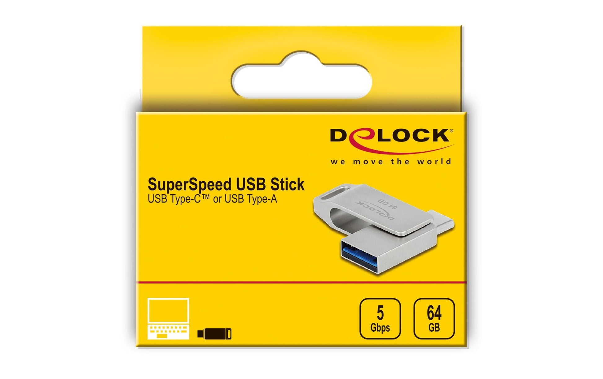 DeLOCK USB3.2 USB-C/Type-A 64 GB – USB 3.2 Gen 1 (5 Gbit/s), 100 MB/s lesen, 46 MB/s schreiben, Metallgehäuse