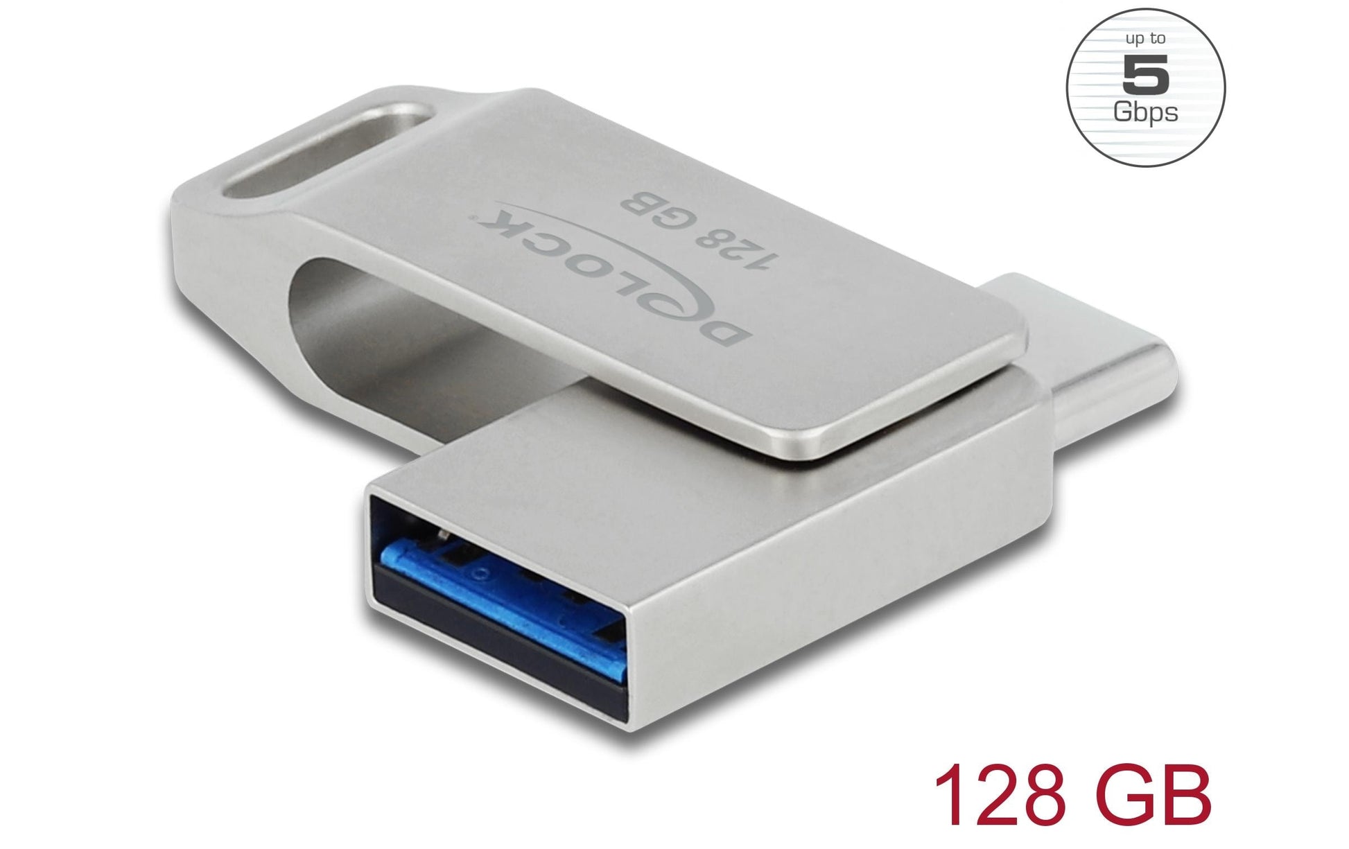 DeLOCK USB-Stick 128 GB – USB-A/USB-C USB 3.2 Gen 1, 71/54 MB/s, Drehring, Silber