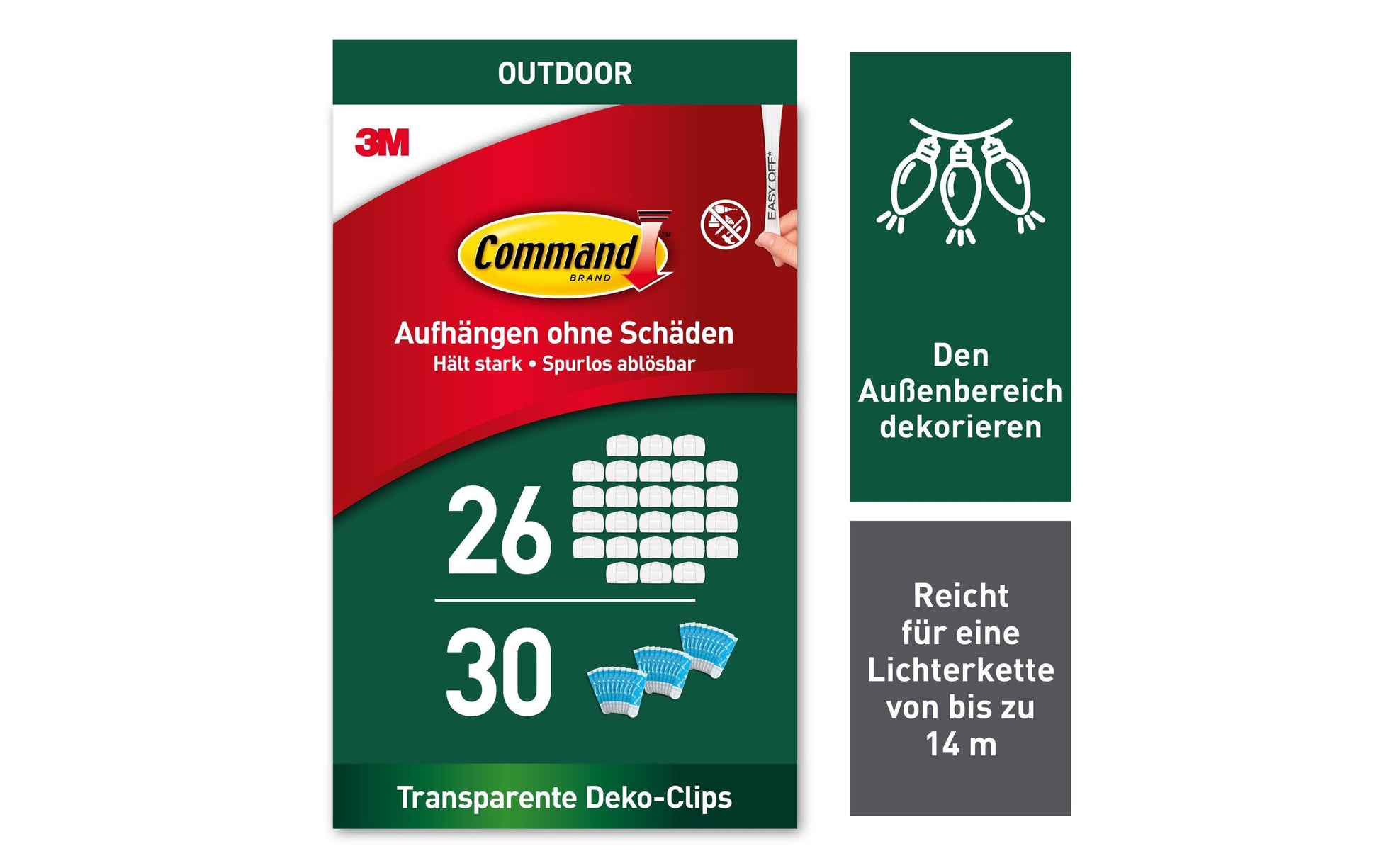 Command Lichterketten Clips Klebestreifen – transparent, Kunststoff, witterungsbeständig, 26 Stück