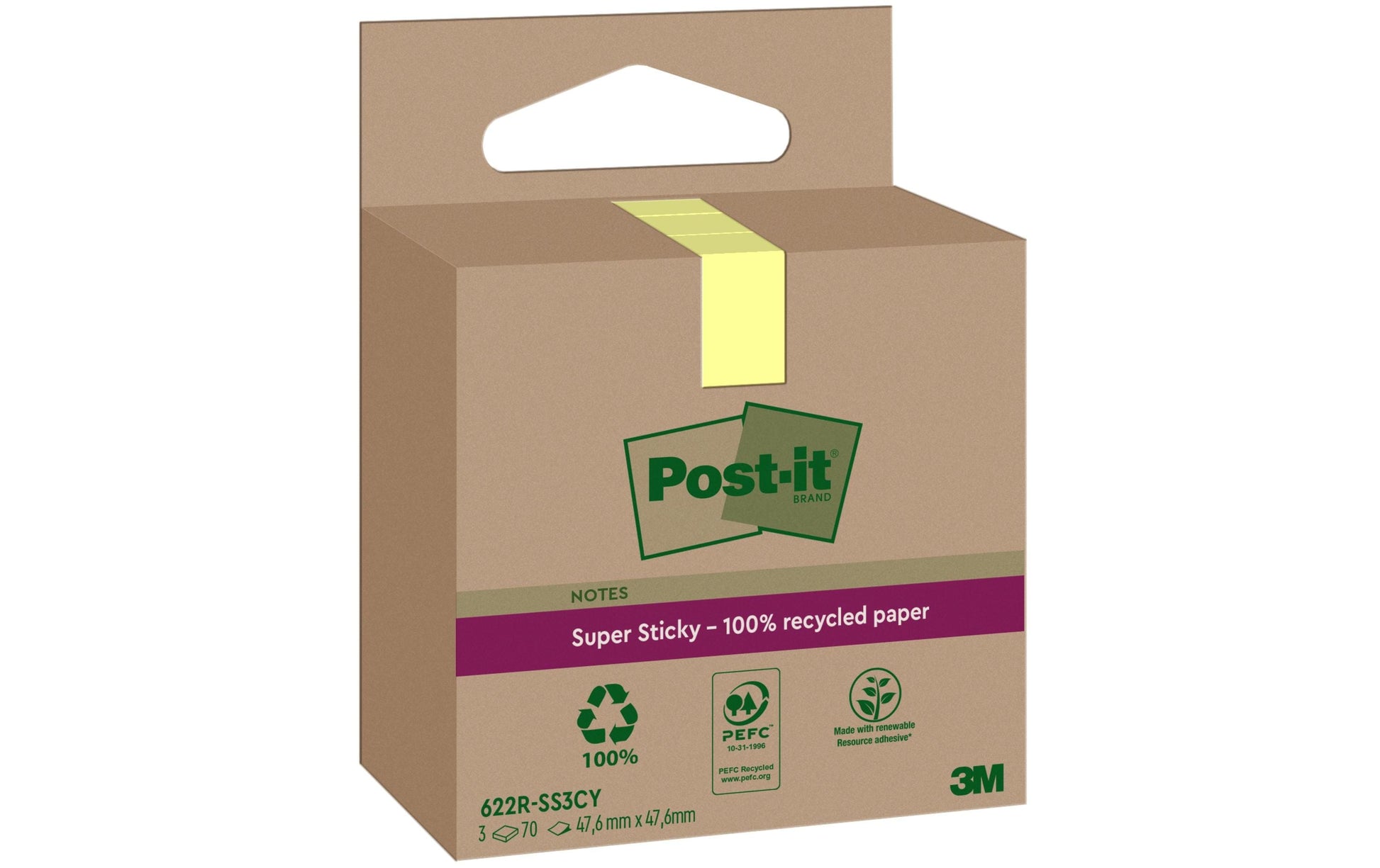Post-it Haftnotizen Super Sticky – 47,6×47,6 mm – Gelb, 3×70 Blatt, PEFC