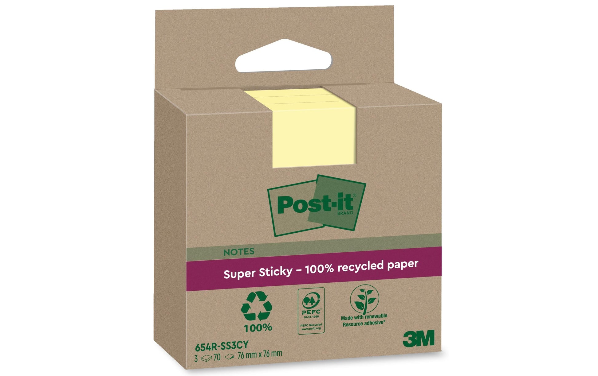 Post-it Super Sticky Haftnotizen – 76×76 mm – gelb, 3×70 Blatt, PEFC