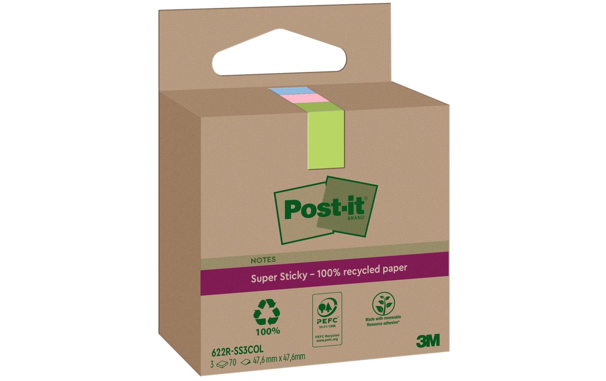 Post-it Super Sticky Haftnotizen – 47,6×47,6 mm – sortiert, 3×70 Blatt, PEFC
